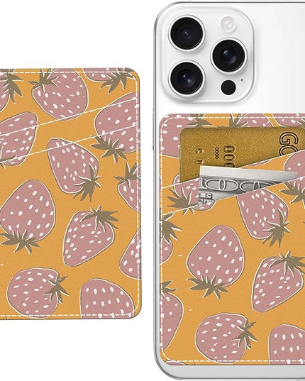 Phone Card Holder, Cute Leather Phone Wallet Stick On, Dual Pocket Credit Card Sticky Wallet Cute Pink Strawberry