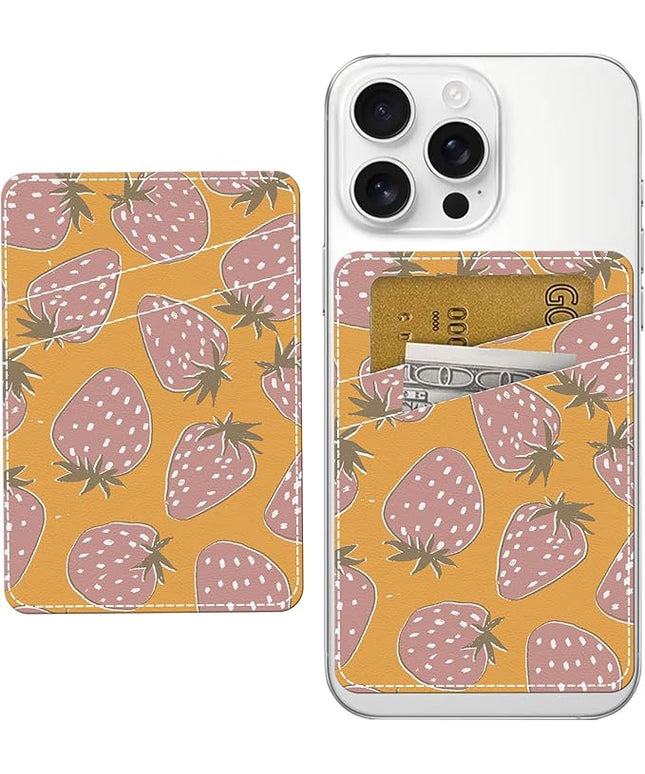Phone Card Holder, Cute Leather Phone Wallet Stick On, Dual Pocket Credit Card Sticky Wallet Cute Pink Strawberry
