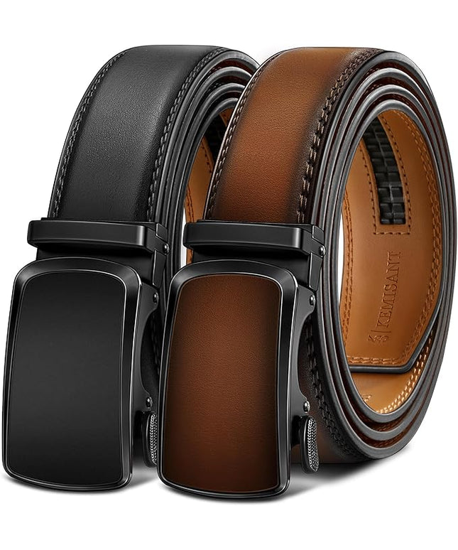 KEMISANT Men Belt 2 Pack, Leather Ratchet Belt Easy Click Slide For Men 1 3/8",Cut for Fit