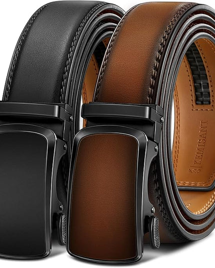 KEMISANT Men Belt 2 Pack, Leather Ratchet Belt Easy Click Slide For Men 1 3/8",Cut for Fit