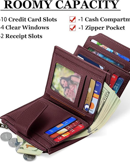 Airkit Small Wallet Women RFID Blocking Soft Leather Bifold Compact Card Holder Wallet for Women with Zipper Coin Pocket 4 ID Window