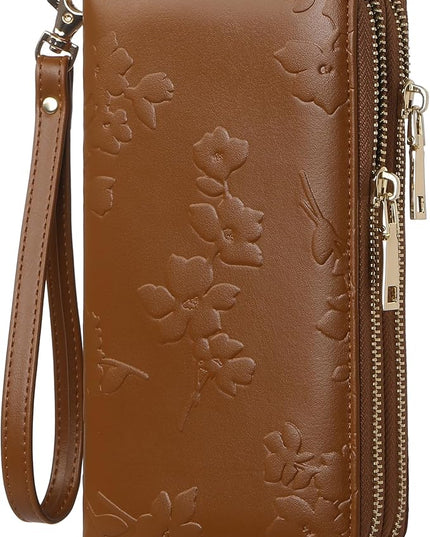 yiijay Womens Wallet RFID Blocking Large Capacity Leather Double Zip Wristlet Wallet Credit Card Phone Holder Ladies Clutch Purse Flora
