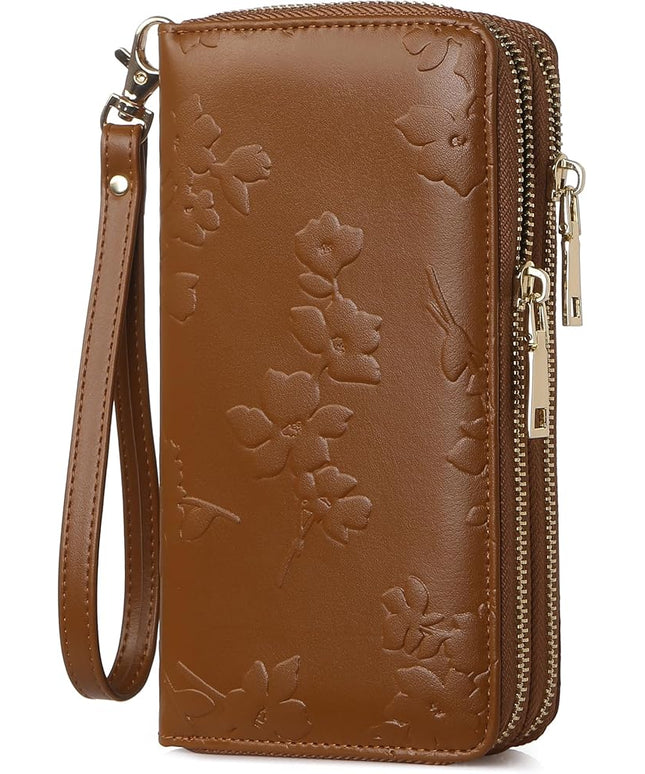 yiijay Womens Wallet RFID Blocking Large Capacity Leather Double Zip Wristlet Wallet Credit Card Phone Holder Ladies Clutch Purse Flora