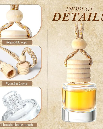 BBTO 200 Pcs Hanging Car Diffuser Bottles Bulk, Empty Clear Glass Air Freshener Bottles with Wooden Cap for Perfume Essential Oils Fragrance Aromatherapy Ornament(Cylinder)