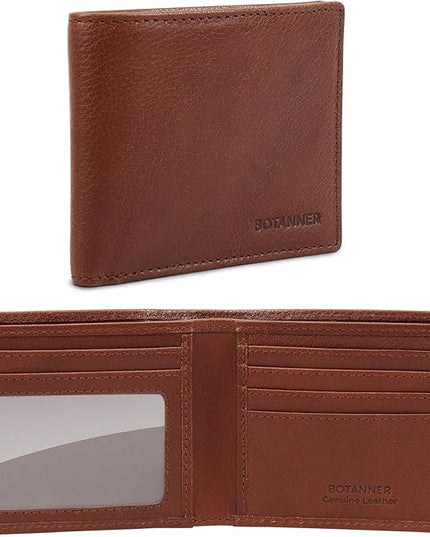 BOTANNER Genuine Leather Bifold Mens Wallet RFID Blocking 5 Credit Card Slots 1 ID Window 2 Sections for Bills 2 Additional Slots | Choco