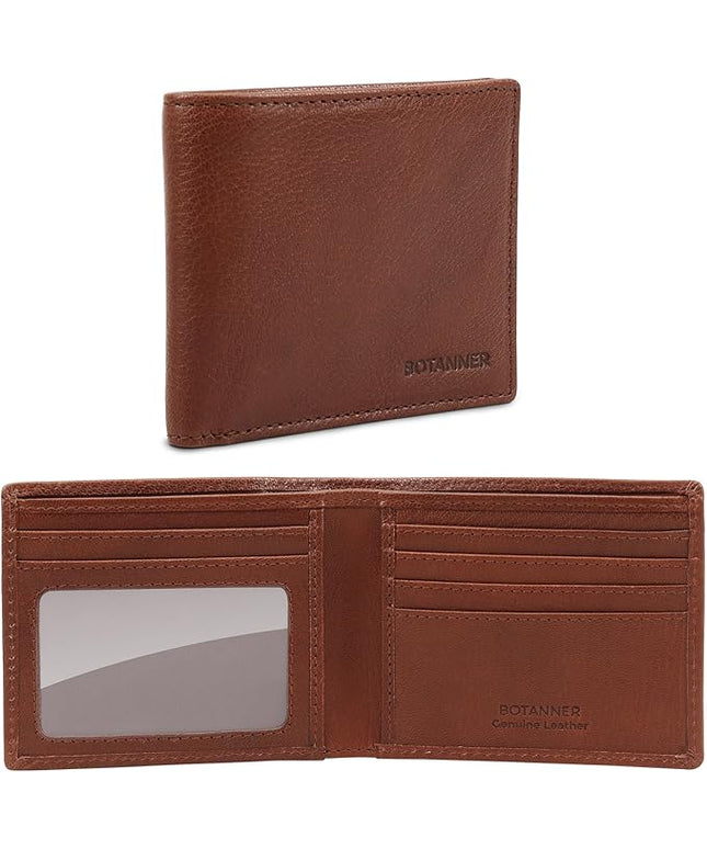 BOTANNER Genuine Leather Bifold Mens Wallet RFID Blocking 5 Credit Card Slots 1 ID Window 2 Sections for Bills 2 Additional Slots | Choco