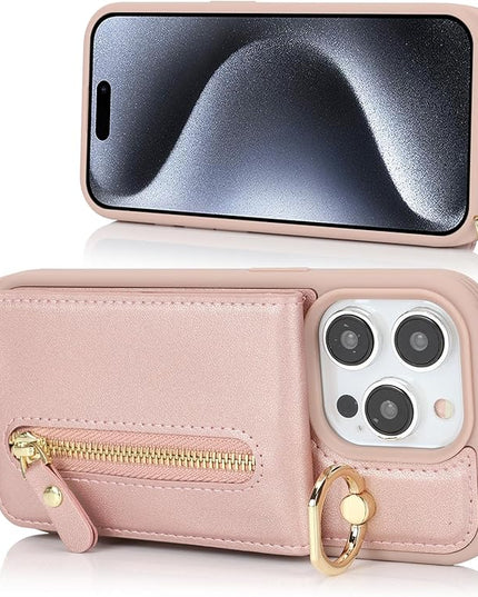for iPhone 15 Pro Wallet Case with Card Holder, for iPhone 15 Pro Case Wallet with Strap Credit Card Slot, Crossbody Bag with Zipper Case for iPhone15 Pro- Rose Gold
