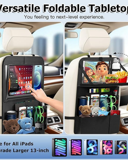 KaiCross Car Backseat Organizer with Table Holder,10 Storage Pockets Backseat Car Organizer and Storage with 600D Oxford Cloth,Travel Essentials,Kick Mats Back Seat Protector-2 Pack