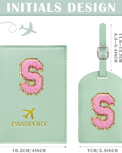 COSHAYSOO Initial Passport Cover Luggage Tag Set Letter Passport Holder Airplane Cruise Travel Essentials Vacation Traveling Accessories Personalized Gifts for Women Teen College Girls Teal S