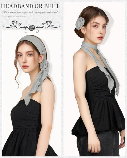 Chiffon Scarf for Women, Removable Flower Neck Scarf Light Soft Fashion Rose Scarves Versatile Headband or Hair Band