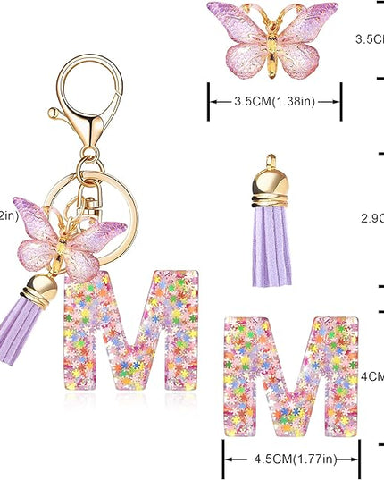 Fashion Alphabet Initial Letter Keychain Tassel Butterfly Pendant Key Ring for Purse Handbags Women Girl