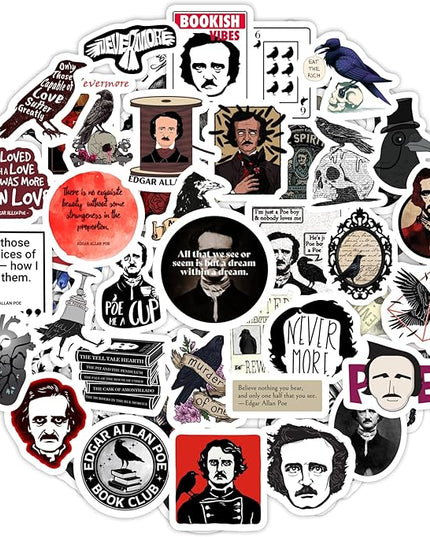BulbaCraft 100Pcs Edgar Allan Poe Stickers for Water Bottle and Laptop - Edgar Allan Poe Party Supplies & Decorations, Waterproof Vinyl Decals, Literature and Gothic Stickers, Gifts for Women & Men