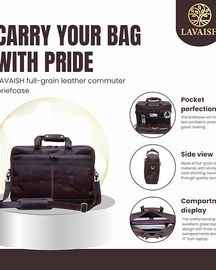 Handmade Full-Grain Leather Briefcase for Men & Women–17" Laptop Bag with Computer Compartment Office Satchel Bag