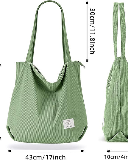 KALIDI Women Corduroy Tote Bag Zipper Casual Tote's Handbag Big Capacity Shoulder Bag with Pockets
