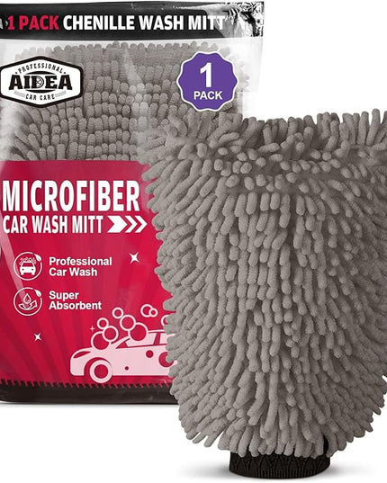 AIDEA Car Wash Mitt Microfiber, 1PK Scratch Free Lint-Free, Premium Chenille Microfiber Sponge Mitt Car Wash Brush, Grey, Regular Size 7.12''X10.14''