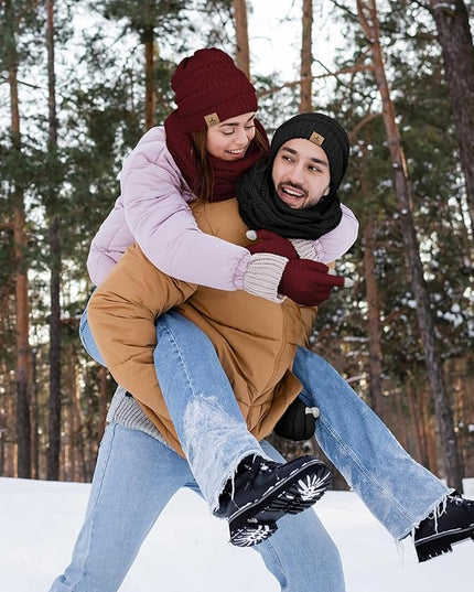 Winter Beanie Hat Scarf Gloves, Warm Fleece Knit Hats Touch Screen Gloves Neck Scarf Set Winter Gifts for Unisex Adult