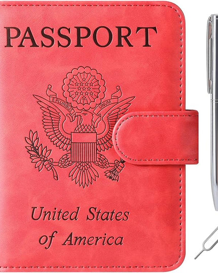 Passport Holder Cover Wallet Travel Essentials Leather Rfid Blocking Case Vacation Luggage Must Haves Travel Accessories for Men Women (120#Red)