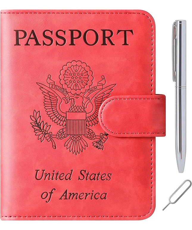 Passport Holder Cover Wallet Travel Essentials Leather Rfid Blocking Case Vacation Luggage Must Haves Travel Accessories for Men Women (120#Red)