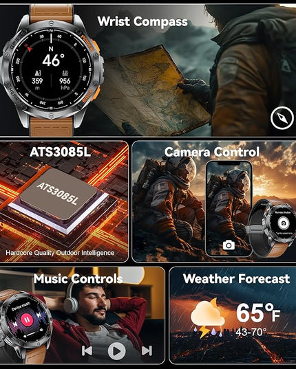 LIGE GPS Smart Watches for Men, Bluetooth Call, LED Flashlight, Compass, 1.43" AMOLED Fitness Watch with Heart Rate/Sleep Monitor, 100+ Sports Modes, iOS Android Compatible, Military Outdoor, Brown