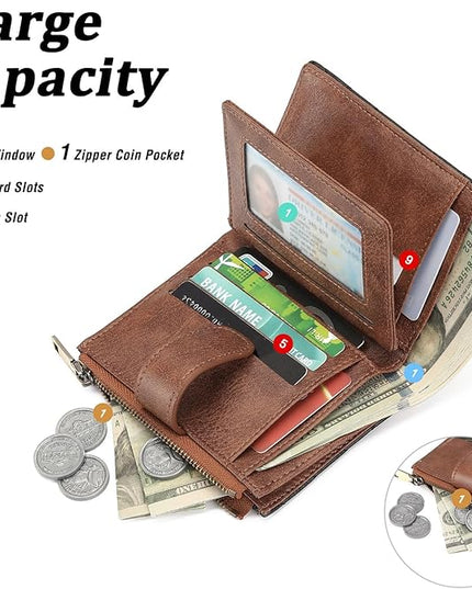 GAEKEAO Small Wallet for Women, Bifold Leather RFID Blocking Ladies Compact Card Holder with Zipper Pocket & ID Window