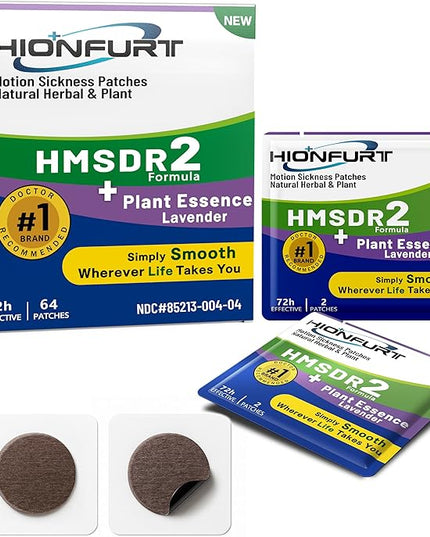 HMSDR2 64ct Motion Sickness Patches with Plant Essence – Lavender – Sea Sickness Patches for Cruise, Car, Airplane – Non-Drowsy, 72H Lasting