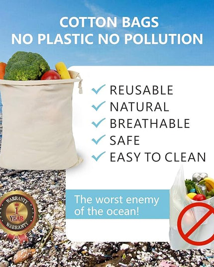 TOPDesign 6-Pack 14” x 17” Reusable Produce Bags, Muslin Bags with Drawstrings for Shopping & Storage, 100% Natural Cotton Bags, Washable, Biodegradable, Food Safe