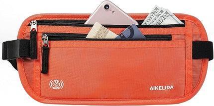 RFID Blocking Money Belt - Passport Holder & Travel Wallet, Slim Hidden Fanny Packs for Women Men - Orange