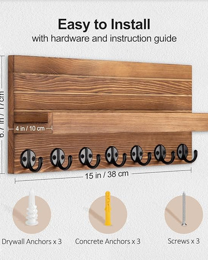 Lwenki Key Holder Wall Mount, Entryway Key and Mail Holder with 7 Sturdy Hooks for Sunglasses, Dog Leash, Decorative Wall Shelf with Mounting Hardware, 15”W x 6.7”H x 4.2”D