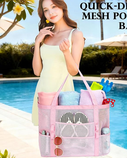 Mesh Beach Bag, Large Beach Tote with Zipper Pocket, Toys Pool Bag for Family Travel Vacation Cruise Essentials