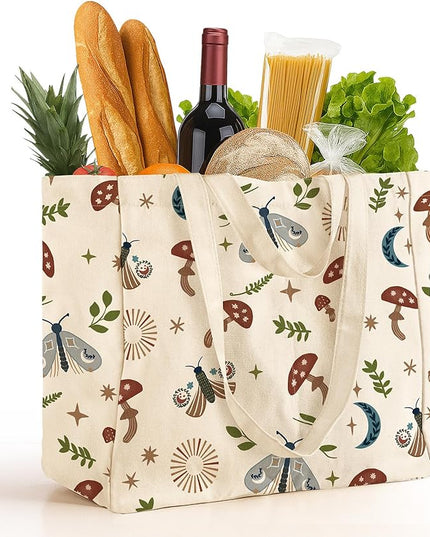 Large Canvas Grocery Tote Bag - Reusable Extra Large Shopping Shoulder Bags with 6 Inner Pockets & 2 Handle Strap