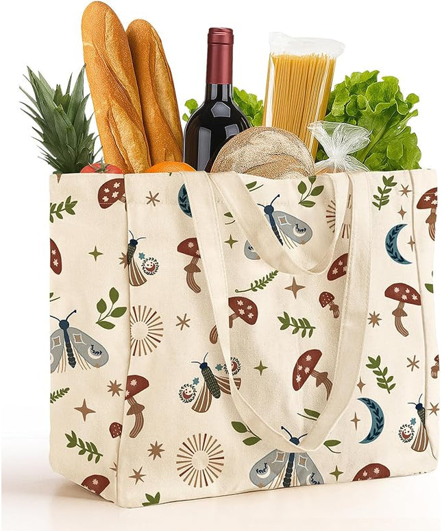 Large Canvas Grocery Tote Bag - Reusable Extra Large Shopping Shoulder Bags with 6 Inner Pockets & 2 Handle Strap