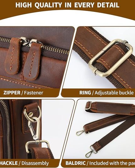 Jack&Chris Full Grain Leather Briefcase for Men, Business Messenger Bag Laptop Bag Attache Case, Fits 15.6 Inch Laptop
