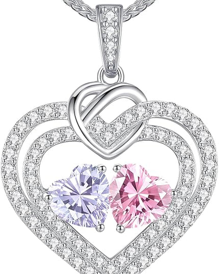 LOUISA SECRET Sparkling Double Heart Birthstone Necklaces for Women, 925 Sterling Silver Fine Jewelry, Pendant Heart Necklaces Birthday Anniversary Christmas Gift for Women Wife Mom Girlfriend Lady