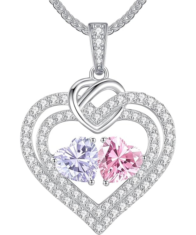 LOUISA SECRET Sparkling Double Heart Birthstone Necklaces for Women, 925 Sterling Silver Fine Jewelry, Pendant Heart Necklaces Birthday Anniversary Christmas Gift for Women Wife Mom Girlfriend Lady