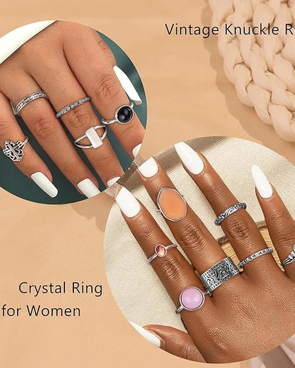 Subiceto 70 Pcs Vintage Crystal Ring Set Knuckle Rings for Women Bohemian Stackable Joint Rings Retro Boho Stacking Joint Finger Rings Pack