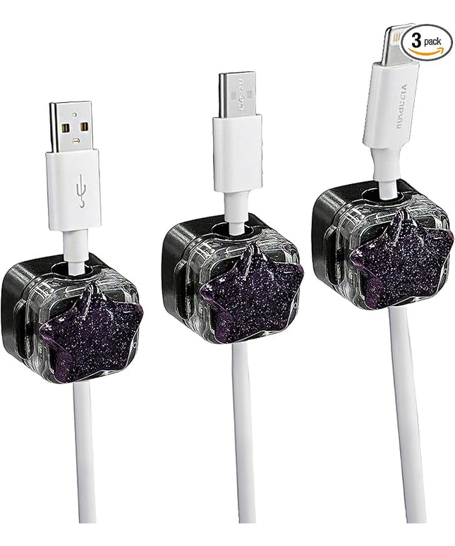 3Pack Magnetic Cable Clips for Nightstand, Adhesive Night-Glowing Cord Holder Organizer for Office Home Desk Wall Car (Black,Star)