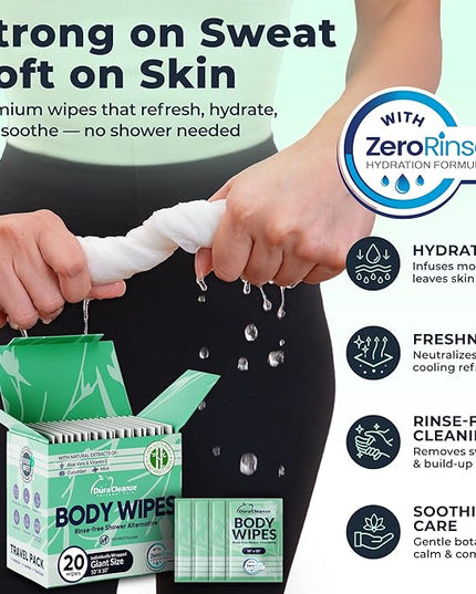 Travel Body Wipes for Women - 20 XL Shower Wipes for Adults Bathing No Rinse - Individually Wrapped 10”x10” Disposable Washcloths - Feminine Hygiene Essentials, Gym, Backpacking, Camping Must Haves