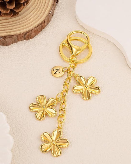 XGALBLA Gold/Silver Initial Keychain Flower Charms for Key Cute Letter Keyring for Purse Handbag Backpack