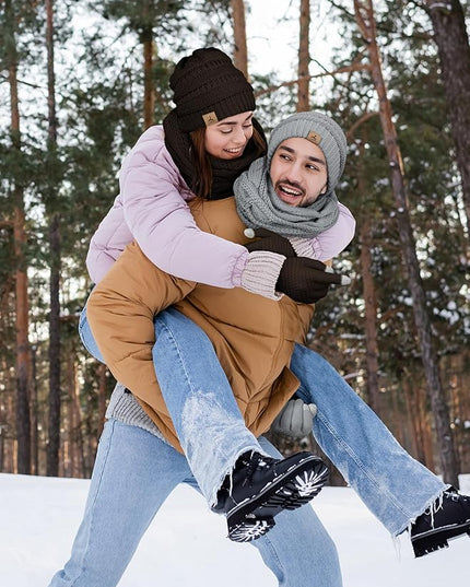 Winter Beanie Hat Scarf Gloves, Warm Fleece Knit Hats Touch Screen Gloves Neck Scarf Set Winter Gifts for Unisex Adult