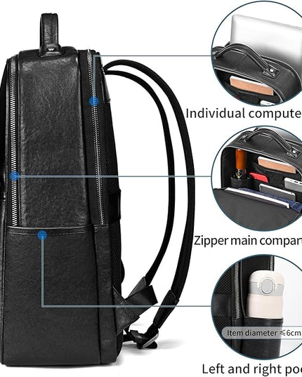 Men's Black Leather Backpack for Work Travel, Durable Genuine Leather Laptop Backpack with 15.6-inch Computer Compartment, Stylish Professional Designer