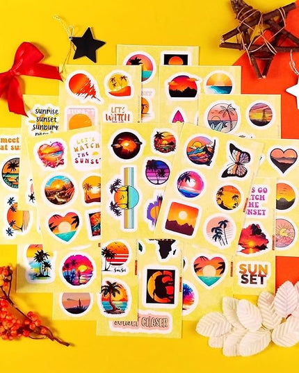 BulbaCraft Sunset Stickers - Beach Stickers, Sun Decals, Summer Decals for Water Bottle and Laptop, Palm Trees Party Supplies & Decorations, Beachy Stuff, Gifts for Women & Men