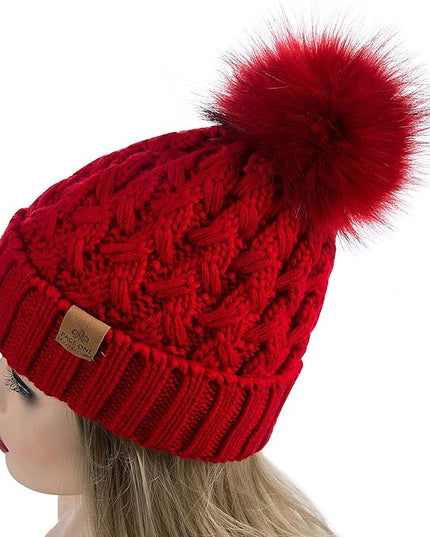 PAGE ONE Womens Winter Ribbed Beanie Crossed Cap Chunky Cable Knit Pompom Soft Warm Hat