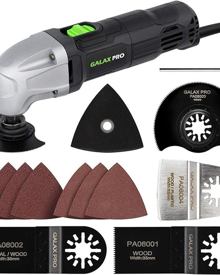 GALAX PRO 22000 OPM 1.5A Oscillating Multi Tool, 3 Degree Oscillating Angle with 3 Pieces Saw Blades, 1 Piece Semi Circle Blade Sanding Plate, 6 Pieces Sanding Papers for Grinding
