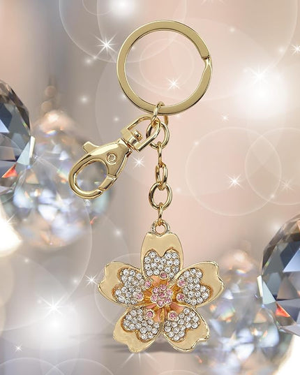 Flower Keychain - Gold 3D Sparkling Charm Rhinestones Fashionable Stylish Metal Alloy Durable Key Ring Bling Crystal Jewelry Accessory with Clasp for Key Chain, Bag, Purse, Backpack, Handbag