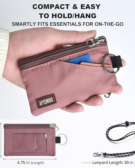 RFID Travel Wallet with Adjustable Lanyard-Zipper Small Wallet with ID Card Holder, Keychain for women&men-Minimalist Slim Waterproof Nylon case for ID, Cash, Key (Warm Mauve)