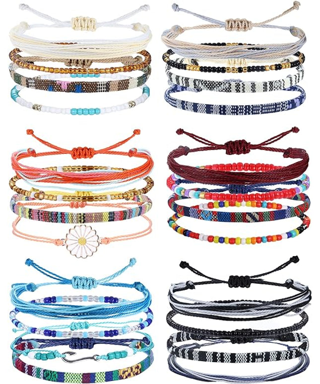 LOLIAS 24 Pieces Waterproof String Bracelets for Women Surfer Wave Boho Bracelet Adjustable Handmade Friendship Bracelet String Ocean Beach Boho Bracelets Anklets for Women