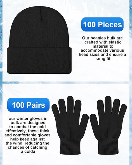 Suhine 200 Pieces Winter Beanies Gloves Sets Include 100 Warm Knitted Hats Bulk and 100 Gloves for Men Women Homeless