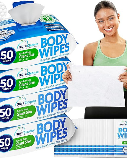 XL Body Wipes - (4 Pack) 200 No Rinse Shower Wipes + 16 Travel Bath Sheets - 10 x 11.5" Thick Cleansing Waterless Washcloths - Disposable Adult Wash Cloths for Elderly Incontinence, Camping Essentials