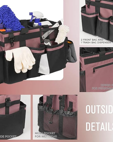 Wearable Cleaning Caddy, Cleaning Caddy Supplies Organizer with Handle & Shoulder Straps for Housekeepers, Under Sink & Car Cleaning Tool Organizers Bag with 4 Foldable Divider (LotusPink)