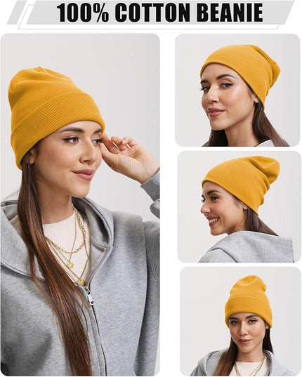 100% Cotton Beanie Hat- Unisex Ultra Soft Winter Warm Stretch Knit Cuffed Hats Fisherman Beanies Skull Cap